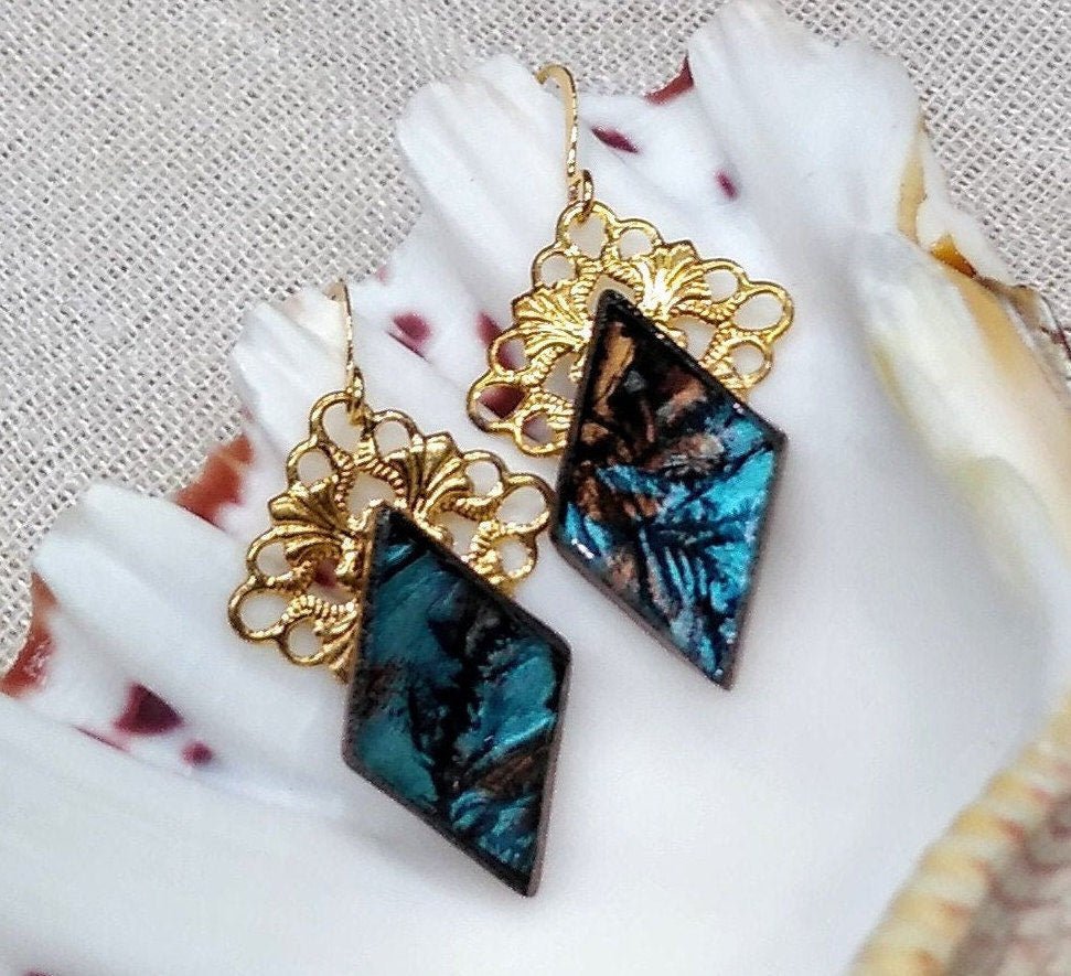 Aqua and champagne Van Gogh stained glass earrings