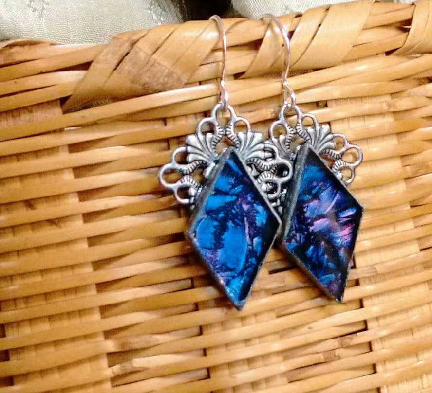 Blue and purple Van Gogh stained glass earrings