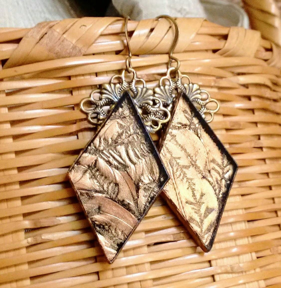 Bronze Van Gogh diamond shaped stained glass earrings