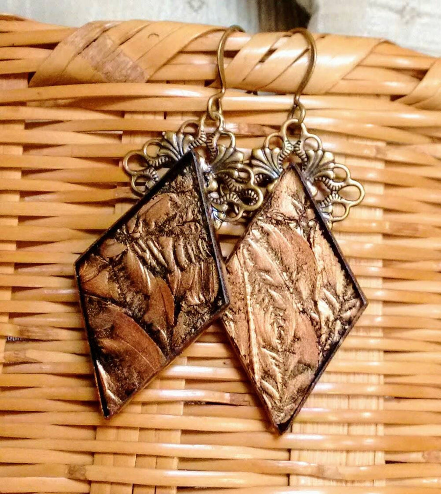 Bronze Van Gogh diamond shaped stained glass earrings