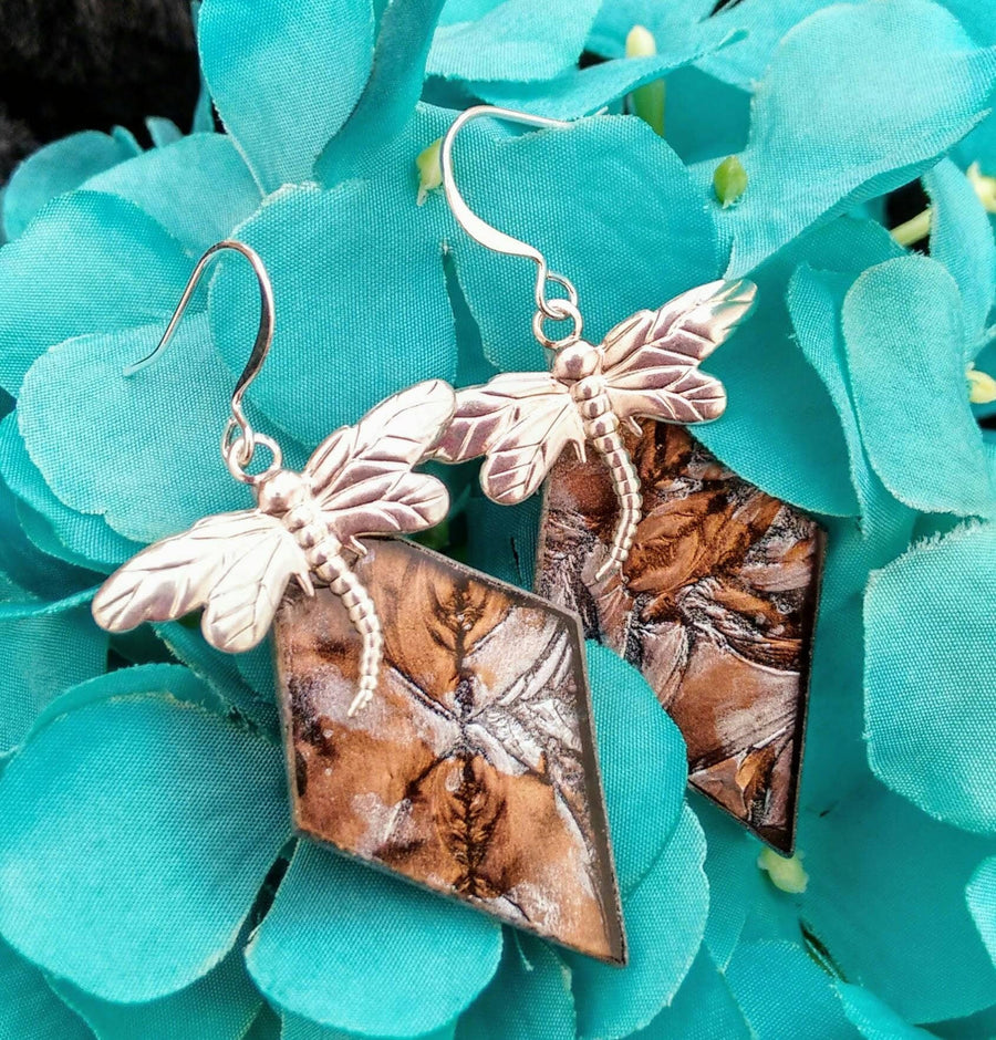 Dragonfly on silver and champagne Van Gogh stained glass earrings