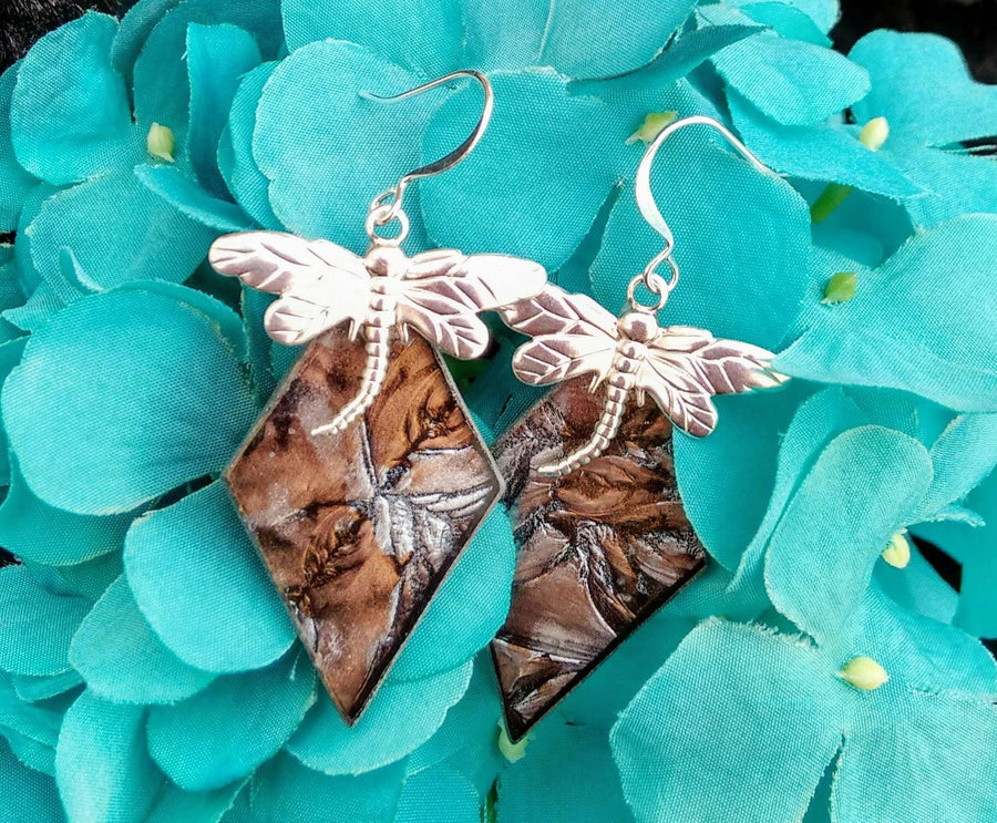 Dragonfly on silver and champagne Van Gogh stained glass earrings