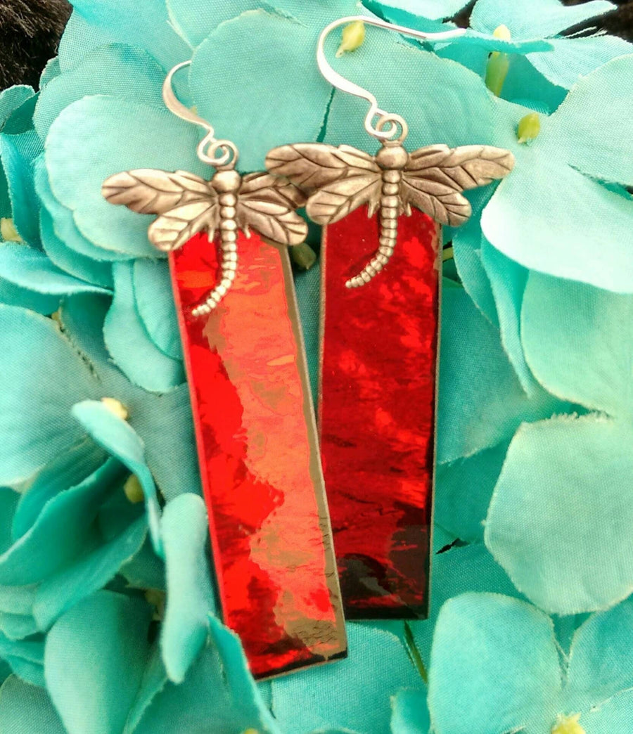 Dragonfly red rippled mirror glass stained glass earrings