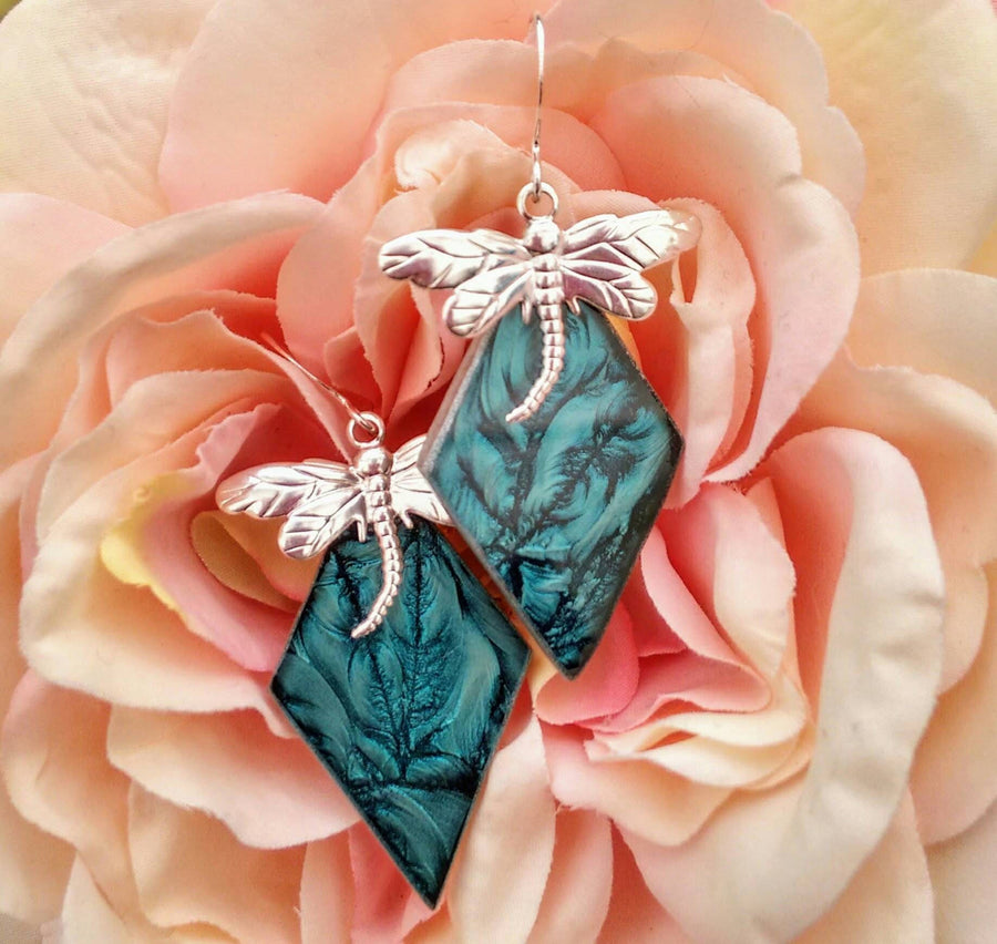 Dragonfly turquoise Van Gogh stained glass earrings