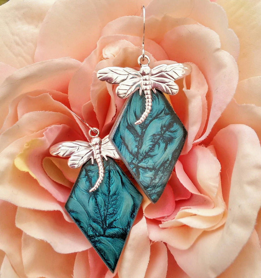 Dragonfly turquoise Van Gogh stained glass earrings