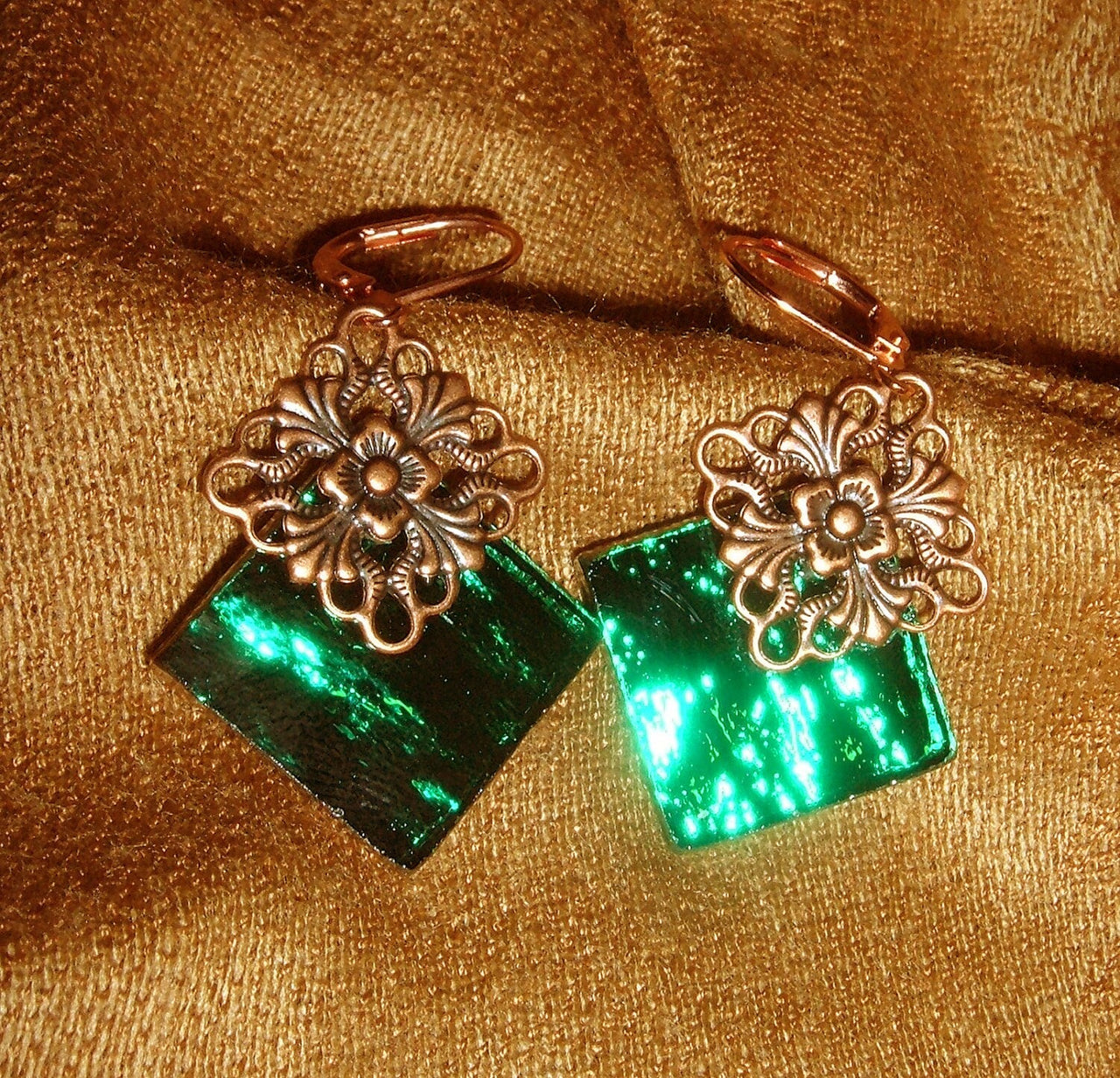 Emerald green mirror glass stained glass earrings
