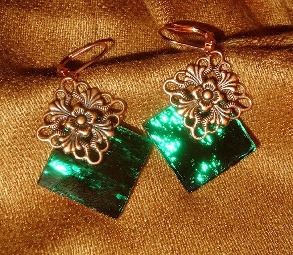 Emerald green mirror glass stained glass earrings