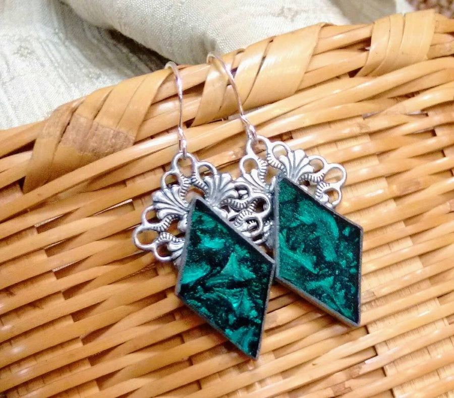 Emerald green Van Gogh stained glass diamond earrings