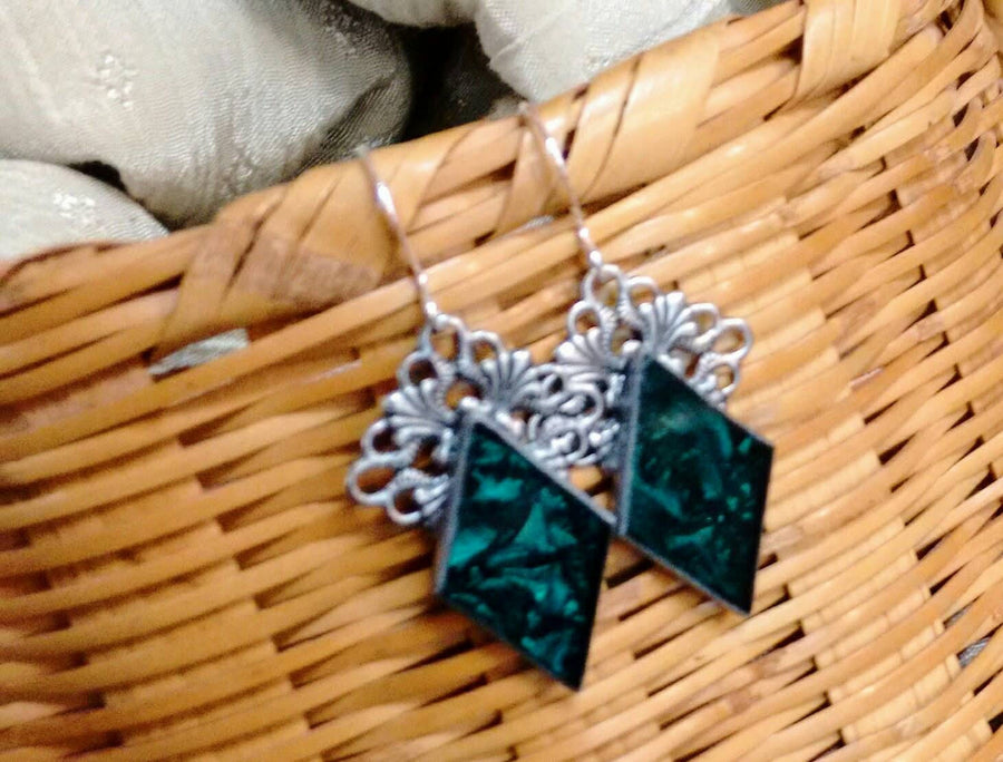 Emerald green Van Gogh stained glass diamond earrings
