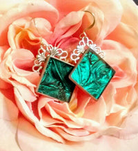 Thumbnail for Emerald green Van Gogh stained glass on filigree earrings