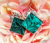 Thumbnail for Emerald green Van Gogh stained glass on filigree earrings