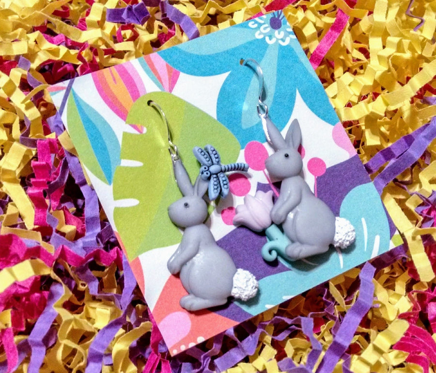 Fuzzy tailed bunny rabbit earrings