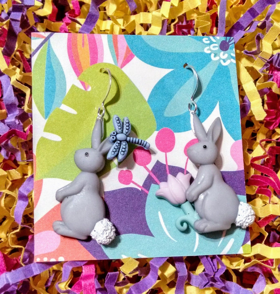 Fuzzy tailed bunny rabbit earrings