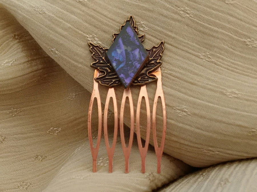 Handcrafted copper leaf Van Gogh stained glass hair comb