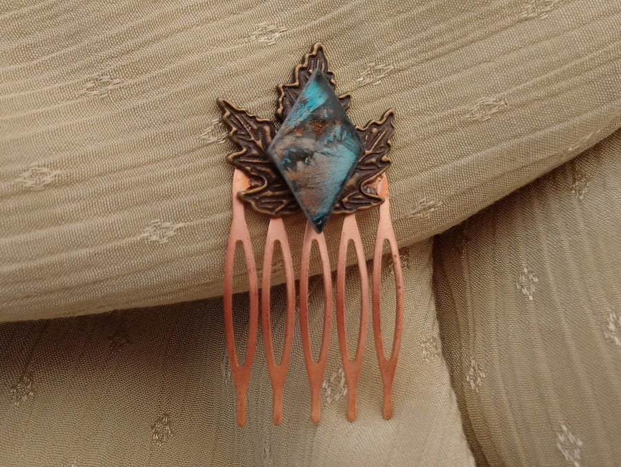 Handcrafted copper leaf Van Gogh stained glass hair comb