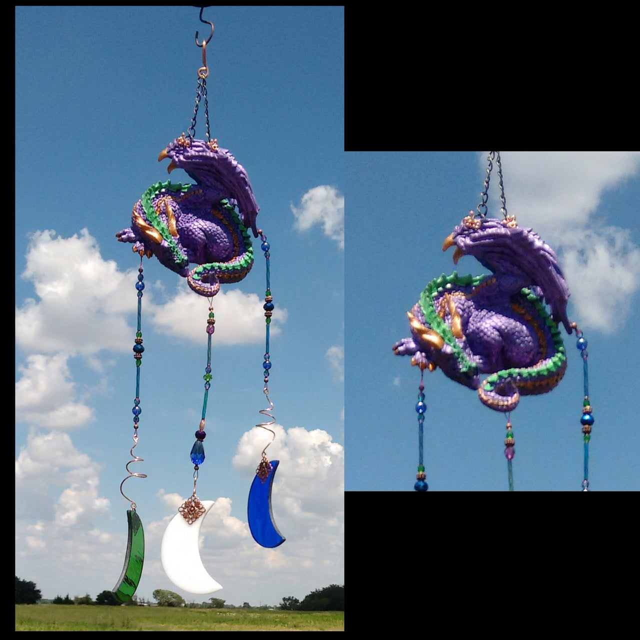 Purple dragon and crescent moon stained glass wind chime garden ornament handmade in the USA by Brockus Creations 2