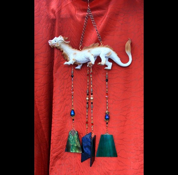 Handcrafted good luck dragon stained glass wind chime garden ornament