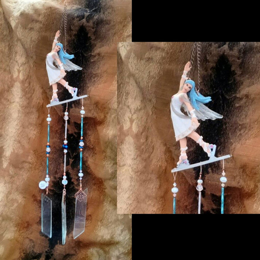 Handcrafted ice skating fairy stained glass wind chime garden ornament