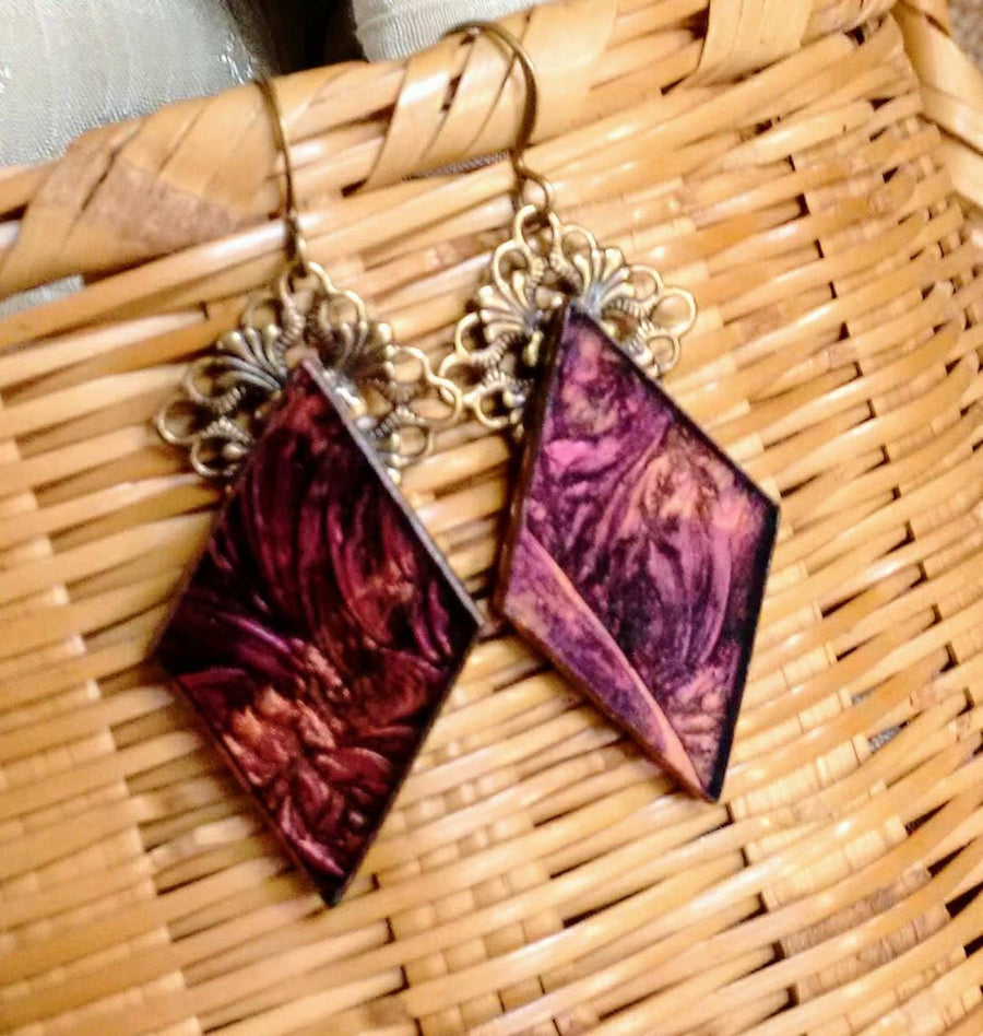 Handcrafted red and copper Van Gogh stained glass earrings