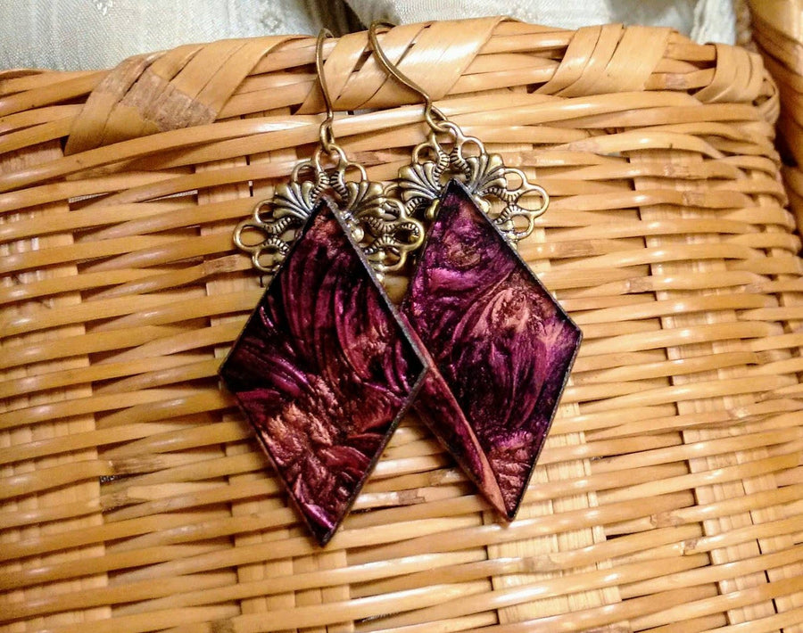 Handcrafted red and copper Van Gogh stained glass earrings
