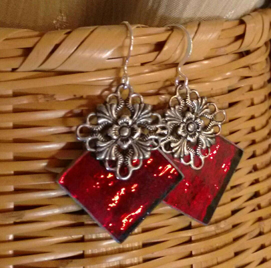 Handcrafted red ripple mirror glass stained glass earrings
