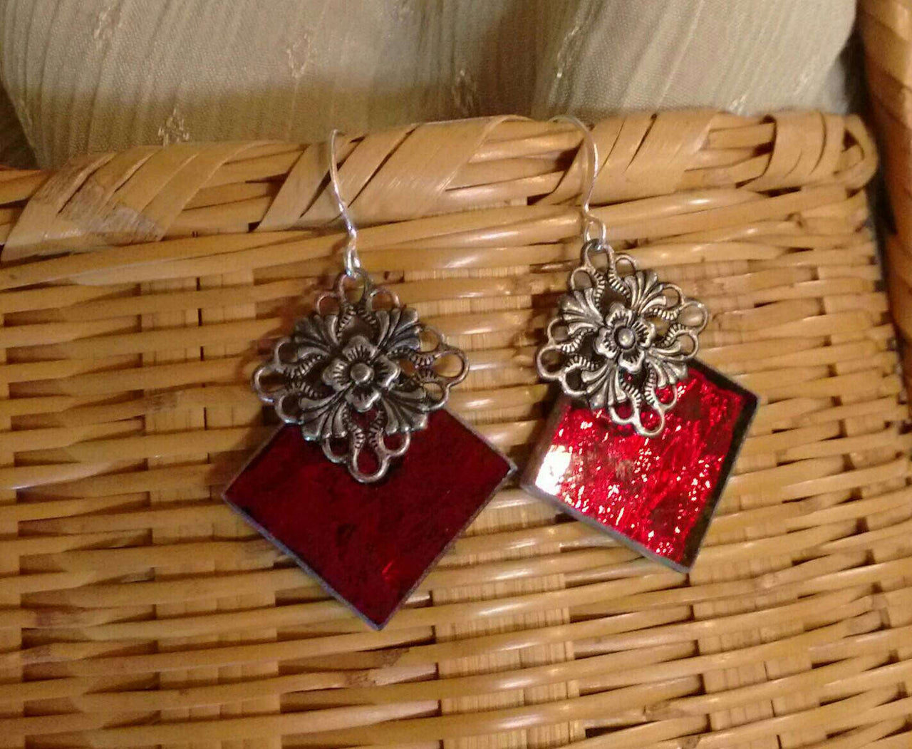 Handcrafted red ripple mirror glass stained glass earrings