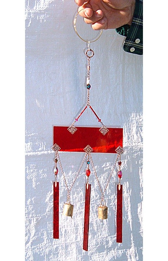 Handcrafted red stained glass wind chime garden bell ornament