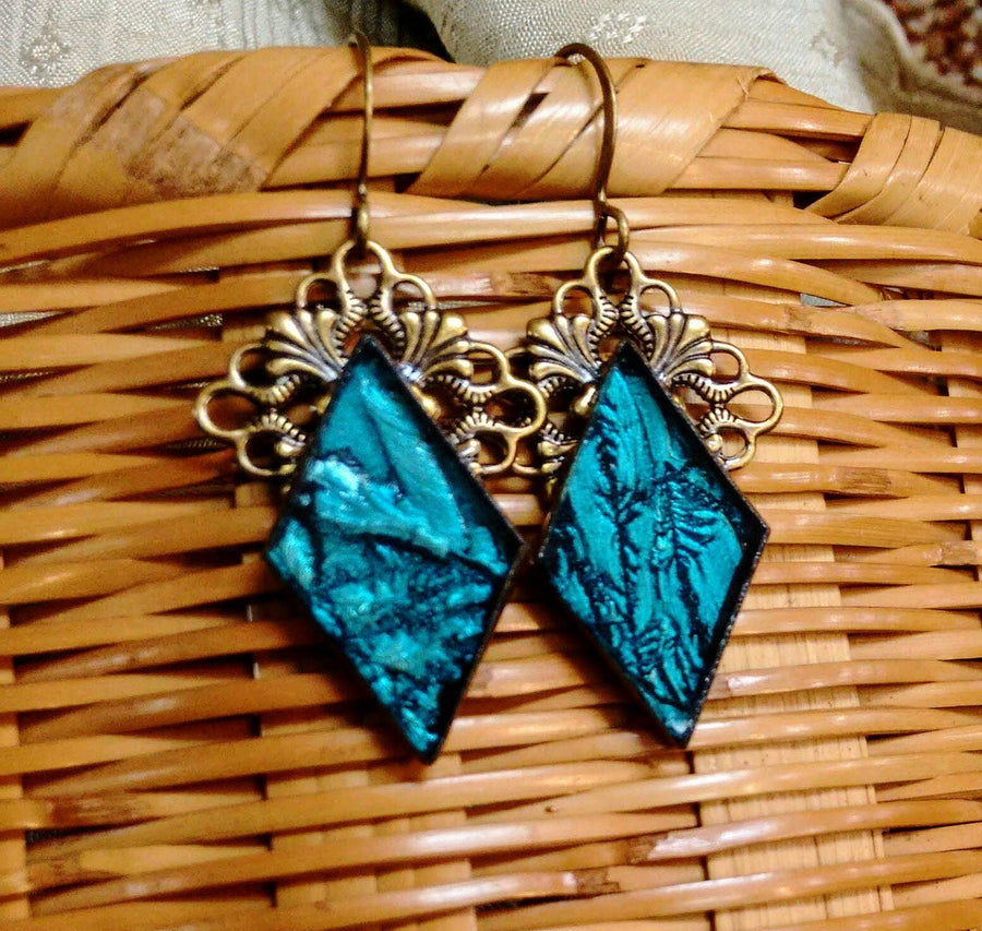 Handcrafted turquoise blue Van Gogh stained glass earrings