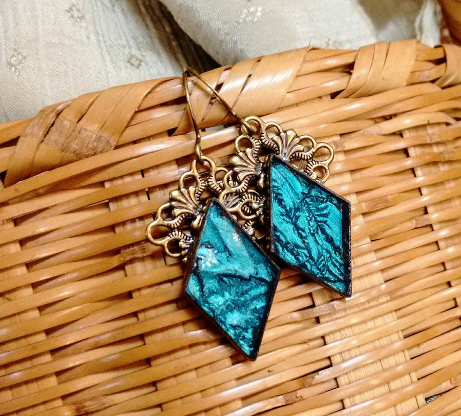 Handcrafted turquoise blue Van Gogh stained glass earrings