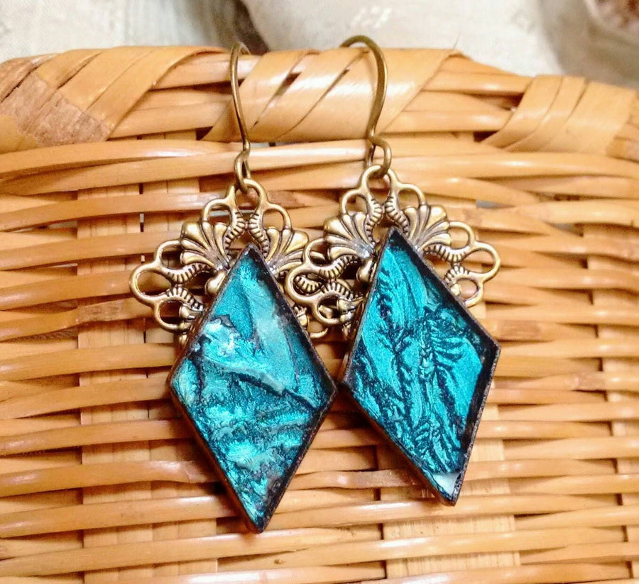 Handcrafted turquoise blue Van Gogh stained glass earrings