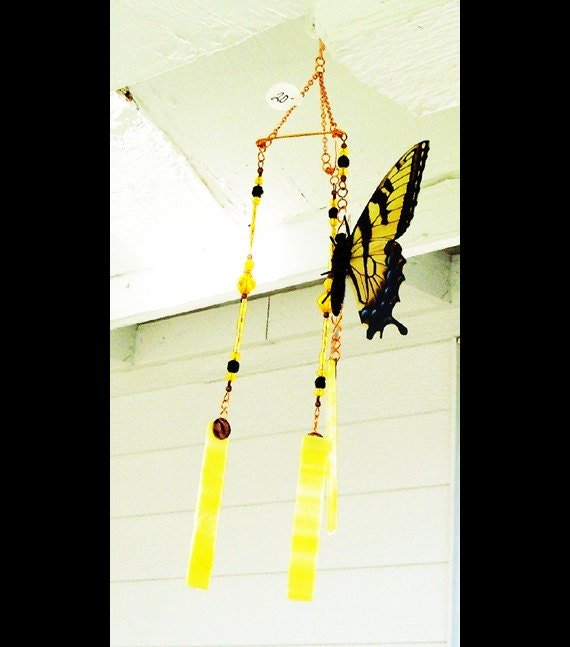 Handcrafted yellow butterfly stained glass wind chime garden ornament