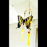 Thumbnail for Handcrafted yellow butterfly stained glass wind chime garden ornament