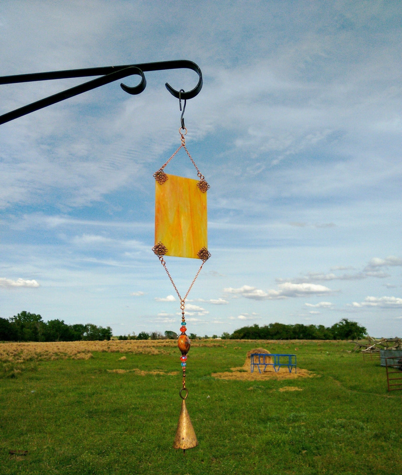 Handcrafted yellow stained glass wind chimes garden ornament