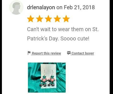 5 star review for Leprechaun St. Patricks day earrings handcrafted by www.brockuscreations2.com