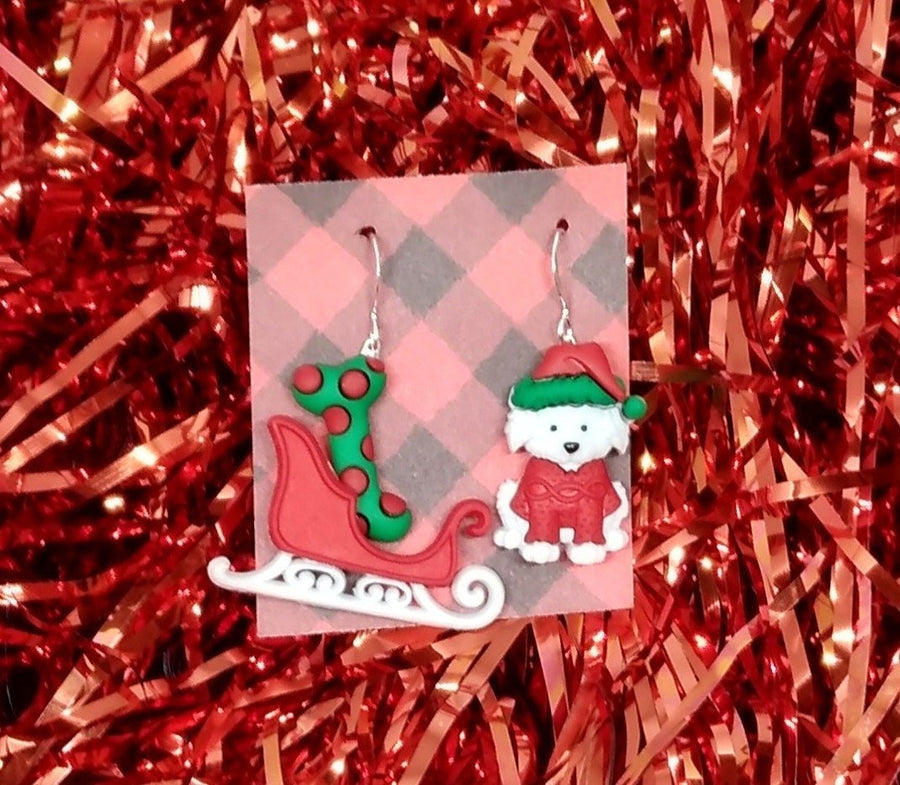 Santa dog and Santa sleigh earrings