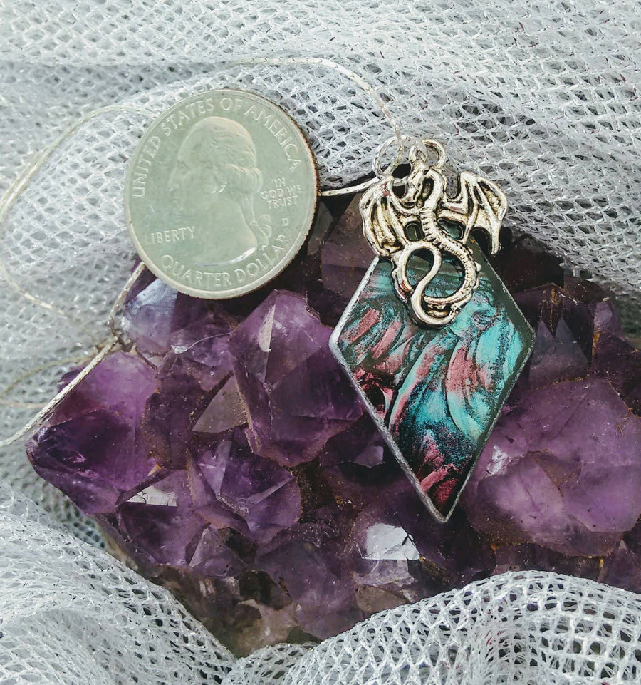 Silver dragon on Van Gogh stained glass pendant on chain