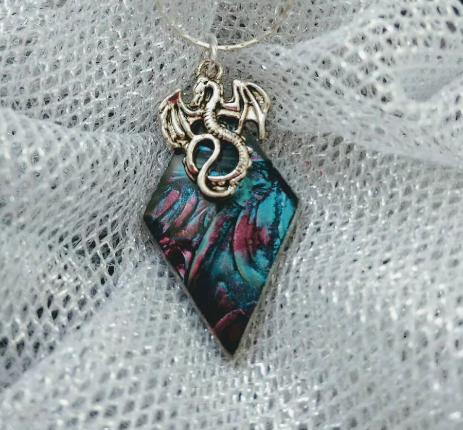 Silver dragon on Van Gogh stained glass pendant on chain