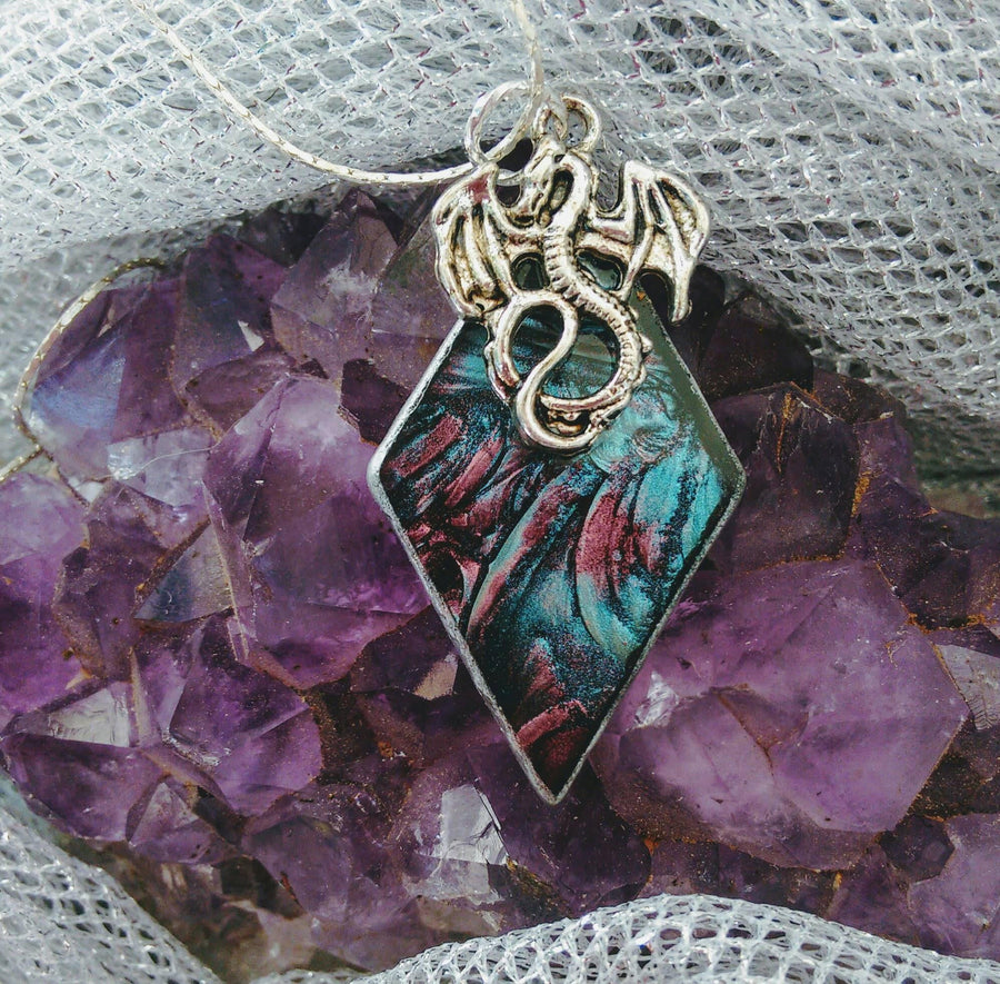 Silver dragon on Van Gogh stained glass pendant on chain