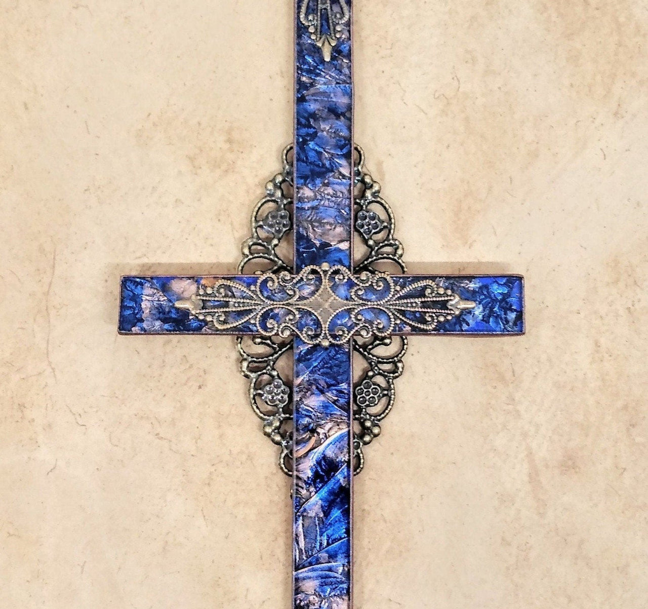 Van Gogh stained glass wall cross with antiqued gold plated filigree