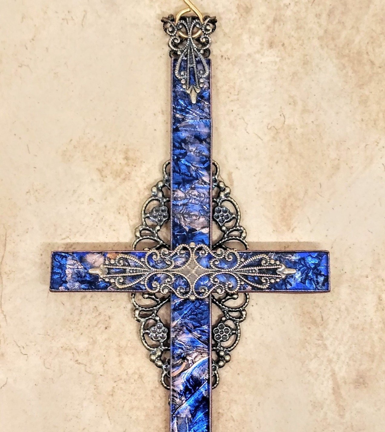 Van Gogh stained glass wall cross with antiqued gold plated filigree