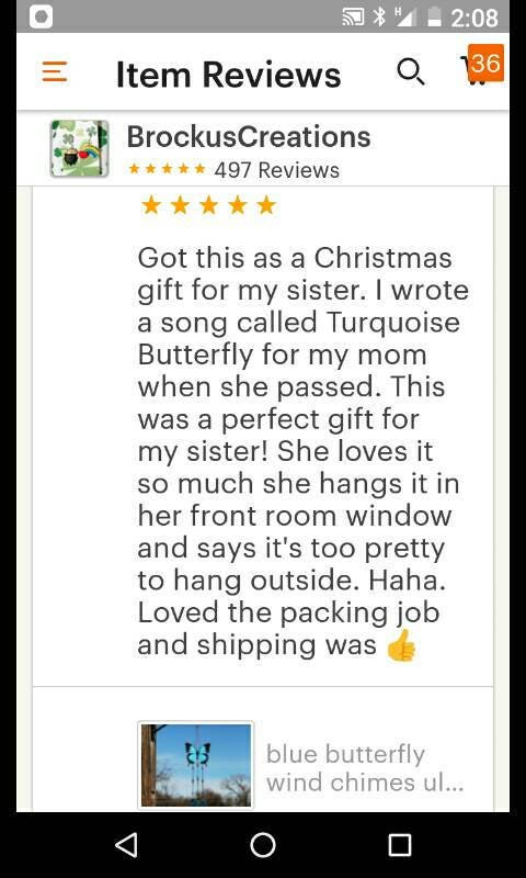 5 star review for blue butterfly stained glass wind chimes handcrafted in the USA by Brockus Creations