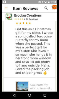 Thumbnail for 5 star review for blue butterfly stained glass wind chimes handcrafted in the USA by Brockus Creations