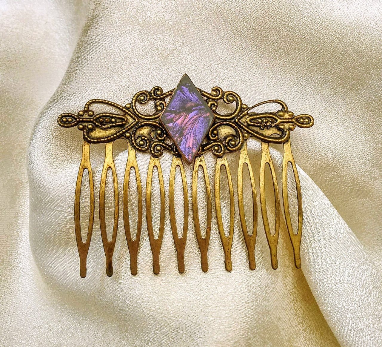 Sophisticated antiqued gold finished hair combs with Van Gogh stained glass, vintage style hair combs. Perfect for weddings, proms, Medieval Fairs, Renaissance Festivals, or as thoughtful gifts for bridesmaids, Valentine's Day, birthdays, and anniversaries, these combs are as versatile as they are stunning. Handmade by Brockus Creations 2.