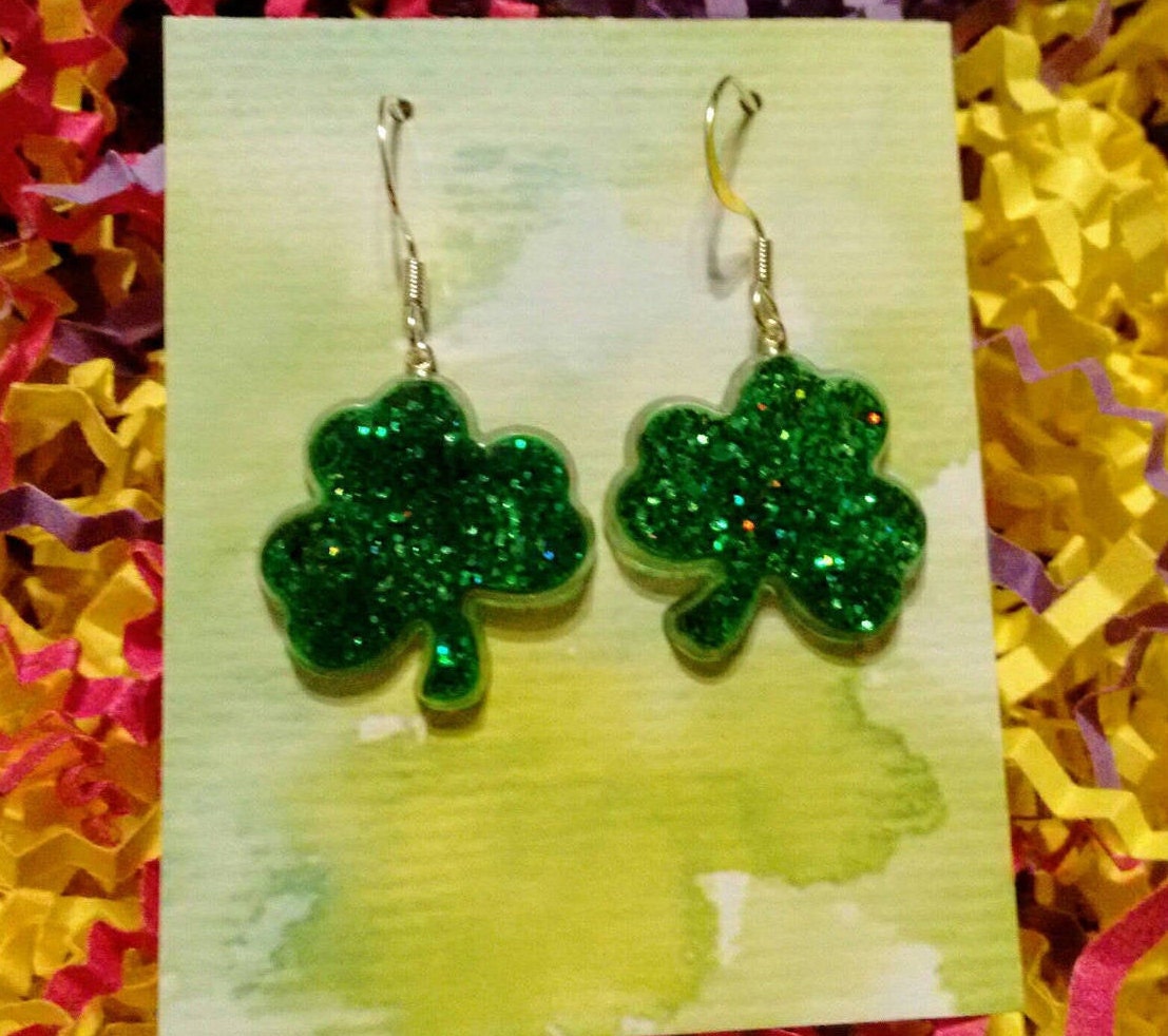 St Patricks day shamrock earrings, shamrock jewelry, luck of the irish, green earrings, fun holiday earrings, handmade in the USA,