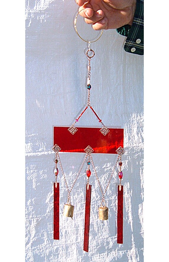 Red stained glass garden wind chimes and garden bells - Ready to ship