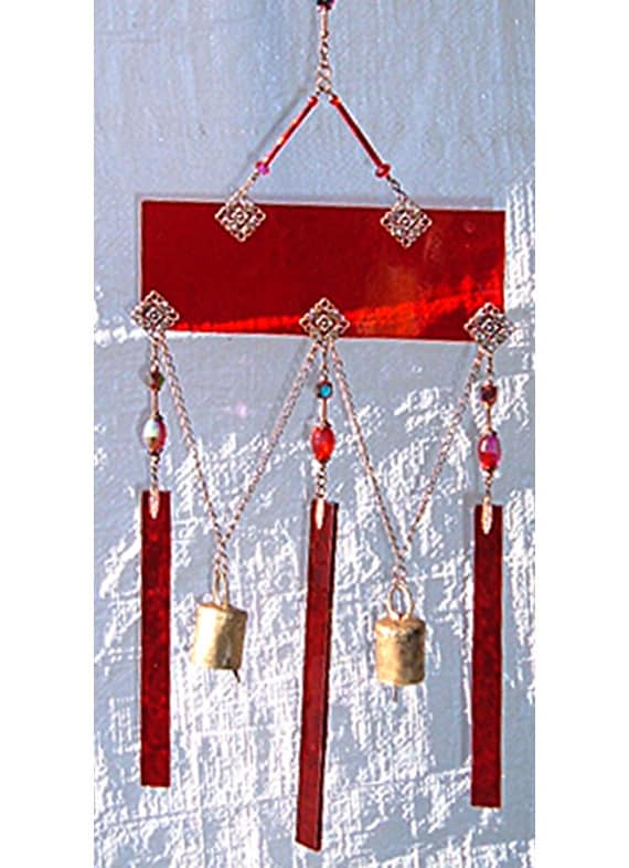 Red stained glass garden wind chimes and garden bells - Ready to ship