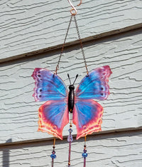 Thumbnail for Eastern Blue Beauty stained glass and crystal wind chimes brockus creations 2 also known as blue mother-of-pearl butterfly handcrafted in the USA blue and purple crystal with copper accents home decor, garden, mothers day gift, gift for wife