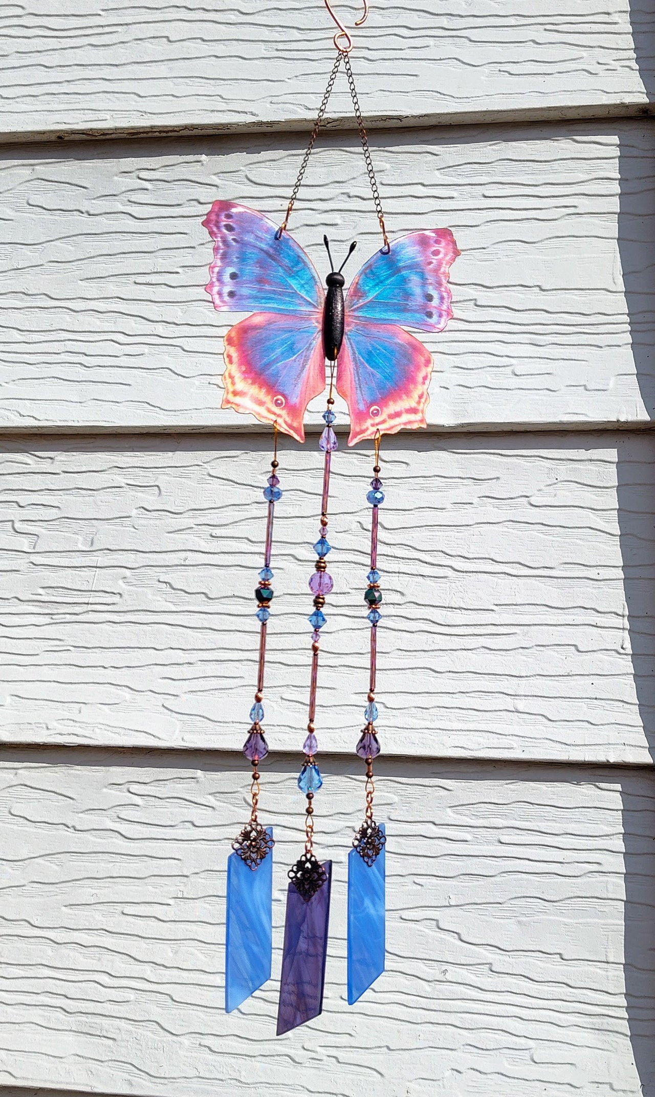 Eastern Blue Beauty stained glass and crystal wind chimes brockus creations 2 also known as blue mother-of-pearl butterfly handcrafted in the USA blue and purple crystal with copper accents home decor, garden, mothers day gift, gift for husband