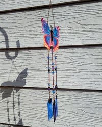 Thumbnail for Eastern Blue Beauty stained glass and crystal wind chimes brockus creations 2 also known as blue mother-of-pearl butterfly handcrafted in the USA blue and purple crystal with copper accents home decor, garden decor, garden art, gift for mom or dad