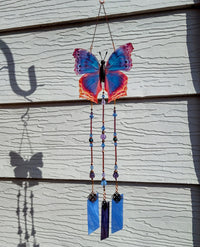 Thumbnail for Eastern Blue Beauty stained glass and crystal wind chimes brockus creations 1 also known as blue mother-of-pearl butterfly handcrafted in the USA blue and purple crystal with copper accents home decor, garden art, memorial and sympathy gift